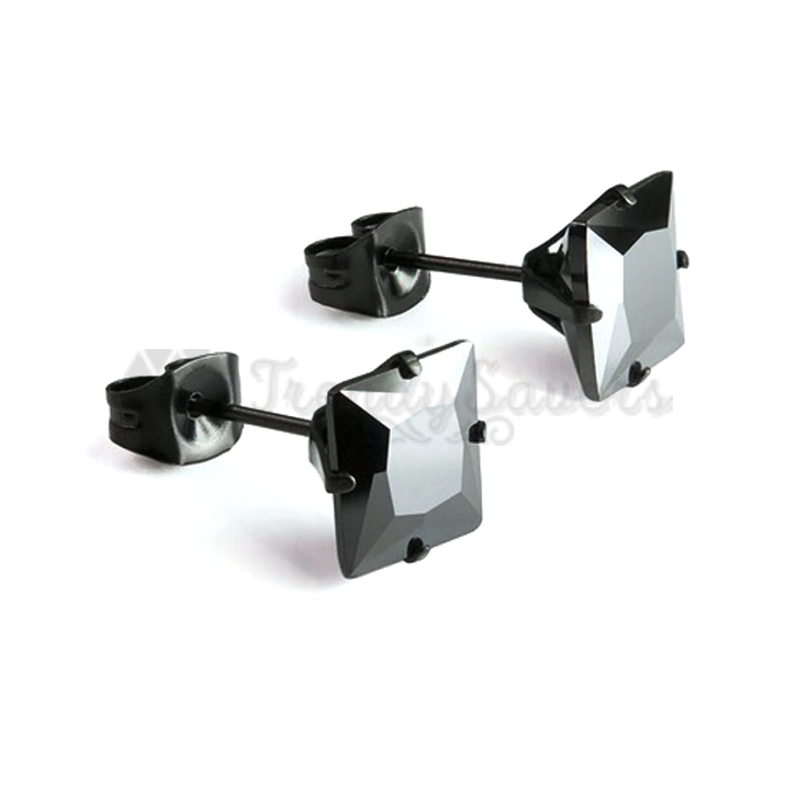 Women Men 8MM Black Princess Cut Cubic Zirconia Stud Earrings Womens Jewellery