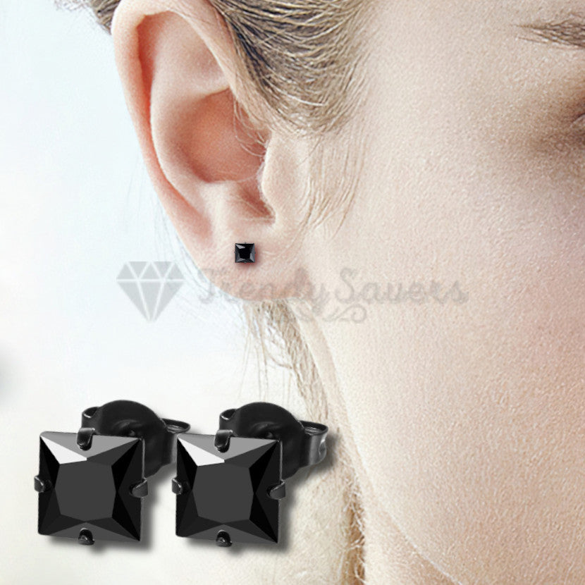 3MM Square Cut Black Cubic Zirconia Ear Piercing Stud Earrings Fashion Jewelry
