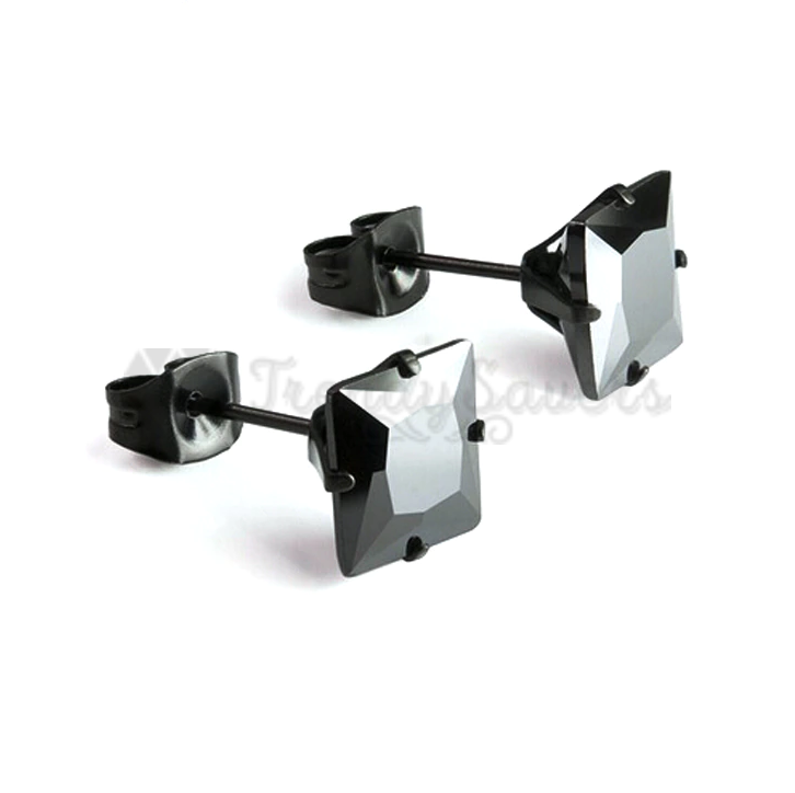 3MM Square Cut Black Cubic Zirconia Ear Piercing Stud Earrings Fashion Jewelry