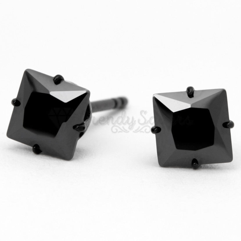 Stainless Steel 4MM Princess Cut Cubic Zirconia Black Screw Post Stud Earrings