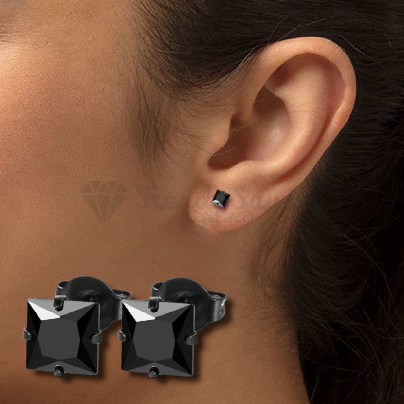 Stainless Steel 4MM Princess Cut Cubic Zirconia Black Screw Post Stud Earrings