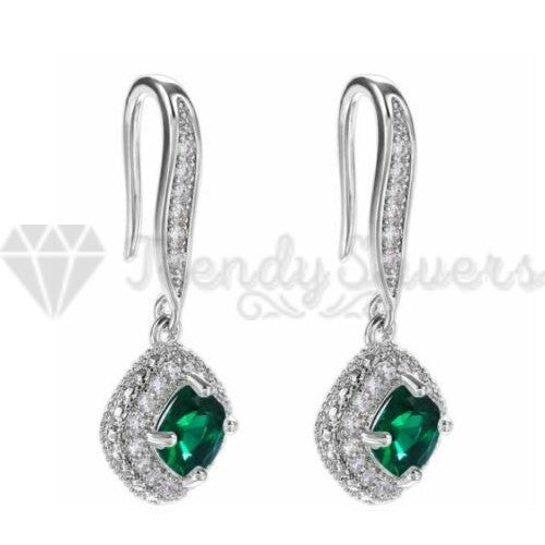 Hypoallergenic 925 Sterling Silver Square Drop Green Vintage Wedding Earrings