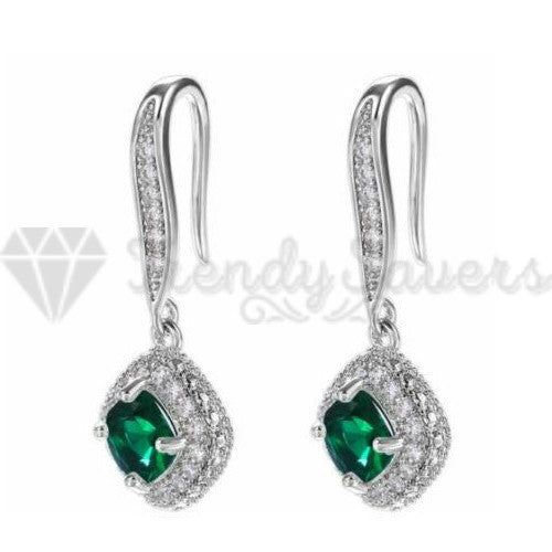 Hypoallergenic 925 Sterling Silver Square Drop Green Vintage Wedding Earrings