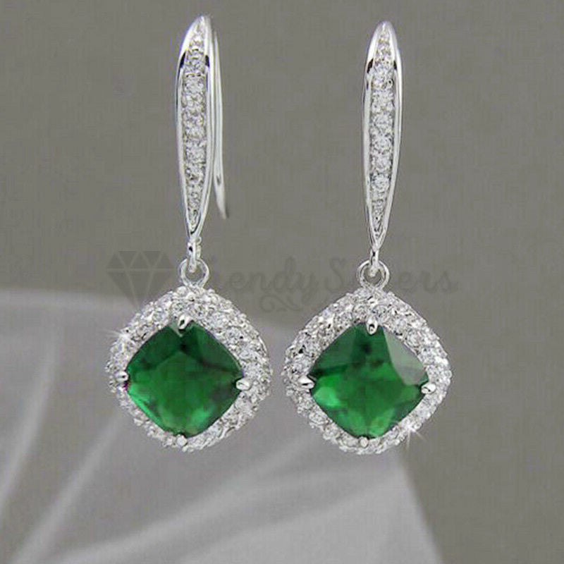 Hypoallergenic 925 Sterling Silver Square Drop Green Vintage Wedding Earrings