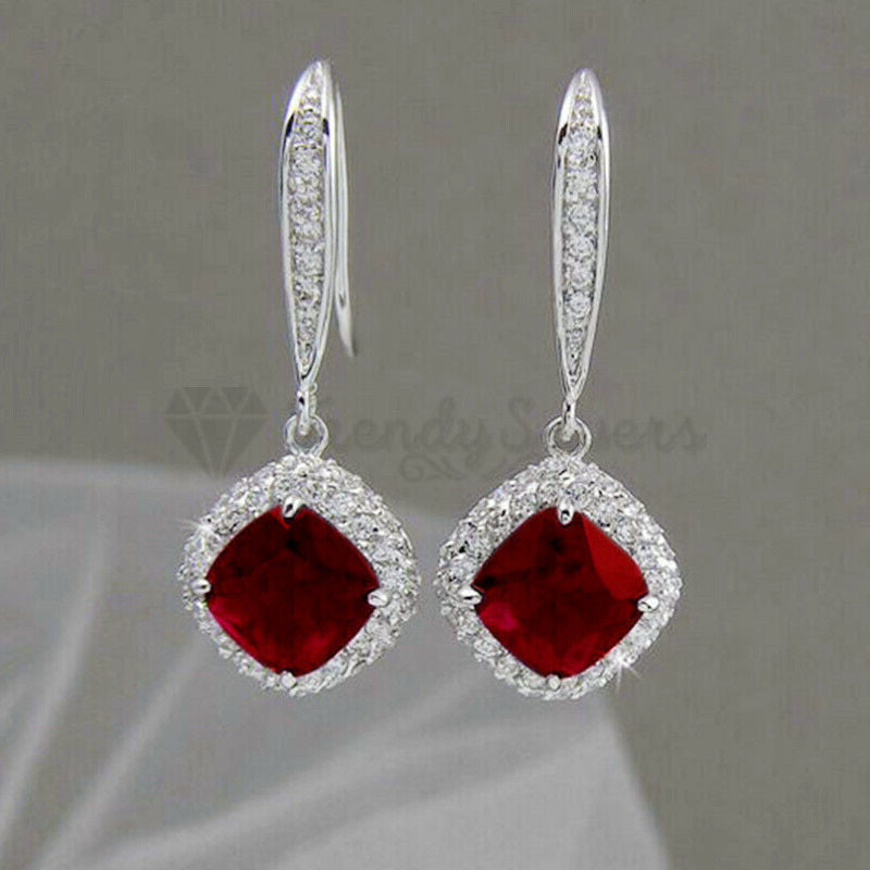 Hypoallergenic 925 Sterling Silver Square Drop Red Vintage Wedding Earrings