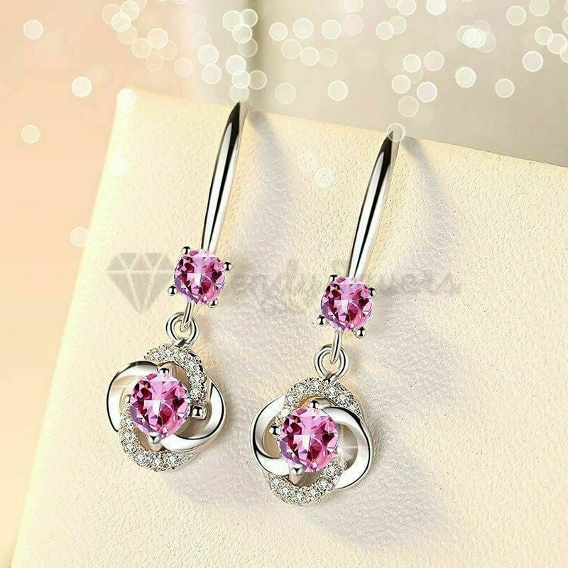 925 Sterling Silver Boho Pink Crystal Round Drop Dangle Women Earrings CZ Stone