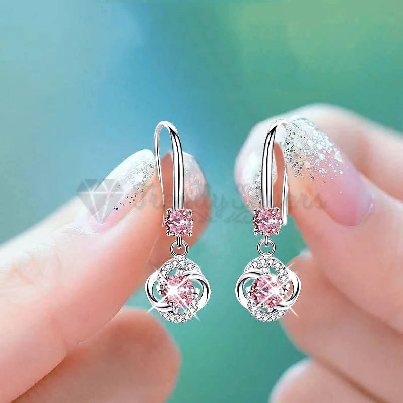 925 Sterling Silver Boho Pink Crystal Round Drop Dangle Women Earrings CZ Stone