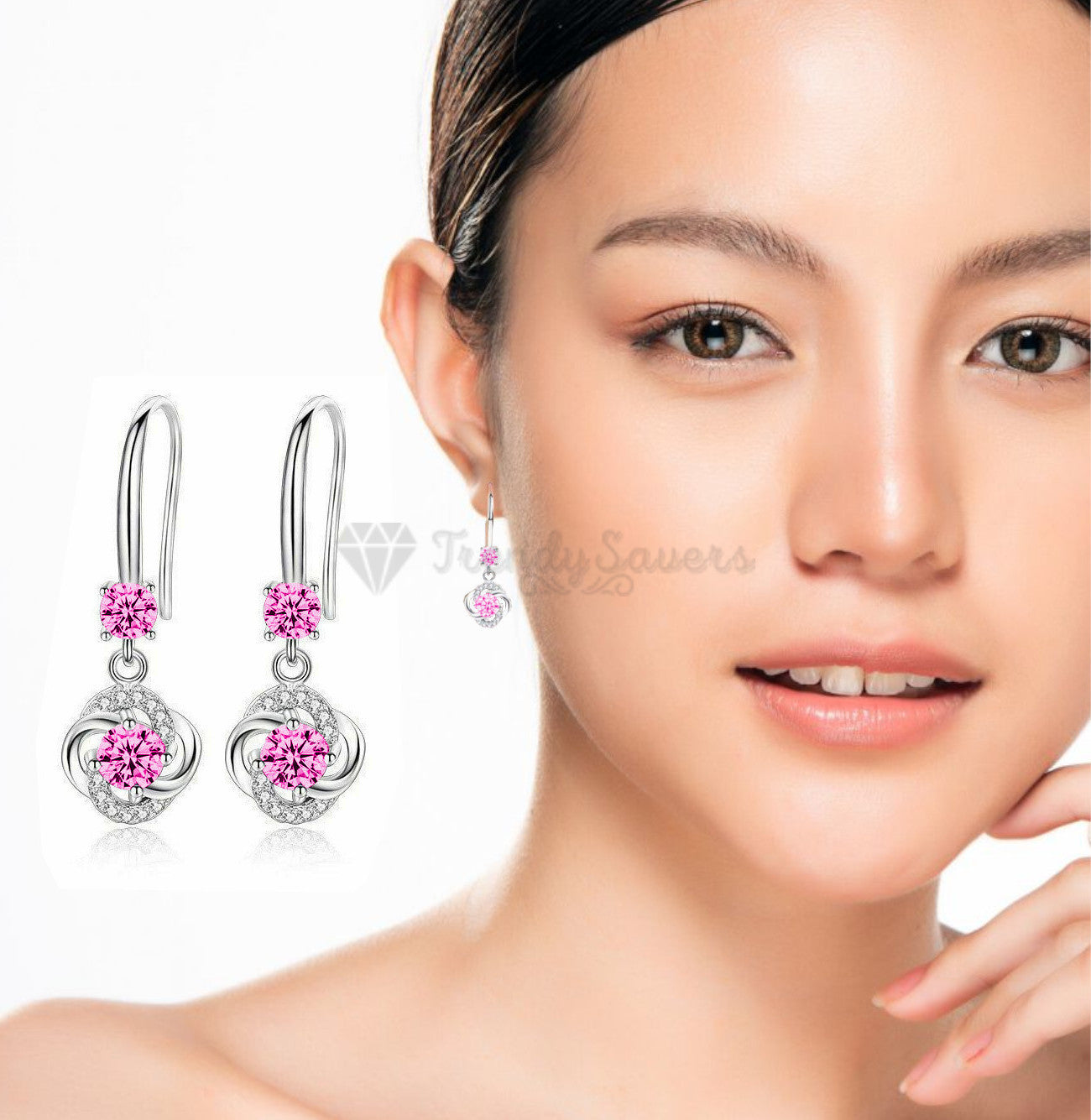 925 Sterling Silver Boho Pink Crystal Round Drop Dangle Women Earrings CZ Stone