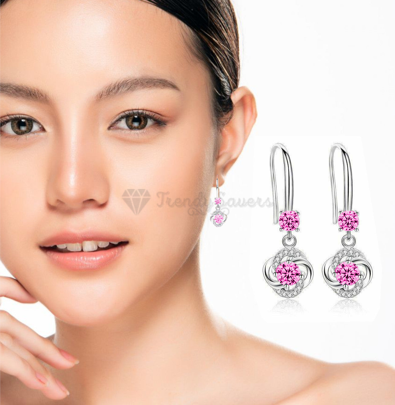 925 Sterling Silver Boho Pink Crystal Round Drop Dangle Women Earrings CZ Stone