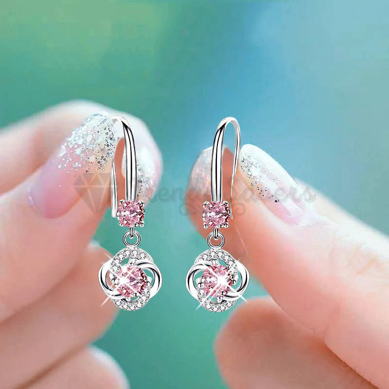 925 Sterling Silver Boho Pink Crystal Round Drop Dangle Women Earrings CZ Stone