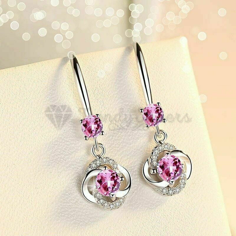 925 Sterling Silver Boho Pink Crystal Round Drop Dangle Women Earrings CZ Stone