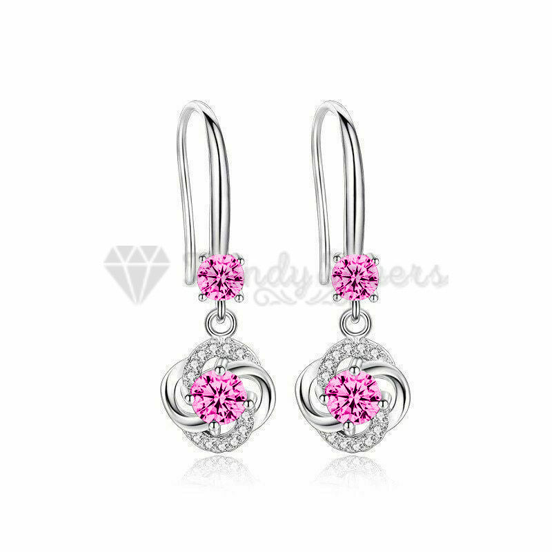 925 Sterling Silver Boho Pink Crystal Round Drop Dangle Women Earrings CZ Stone