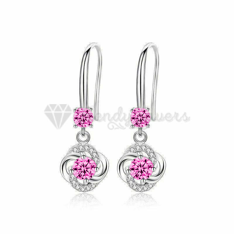 925 Sterling Silver Boho Pink Crystal Round Drop Dangle Women Earrings CZ Stone