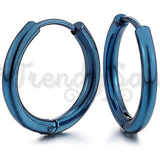 14MM Blue Tone Round Huggie Hinged Surgical Steel Earrings Hoop Ring Piercings