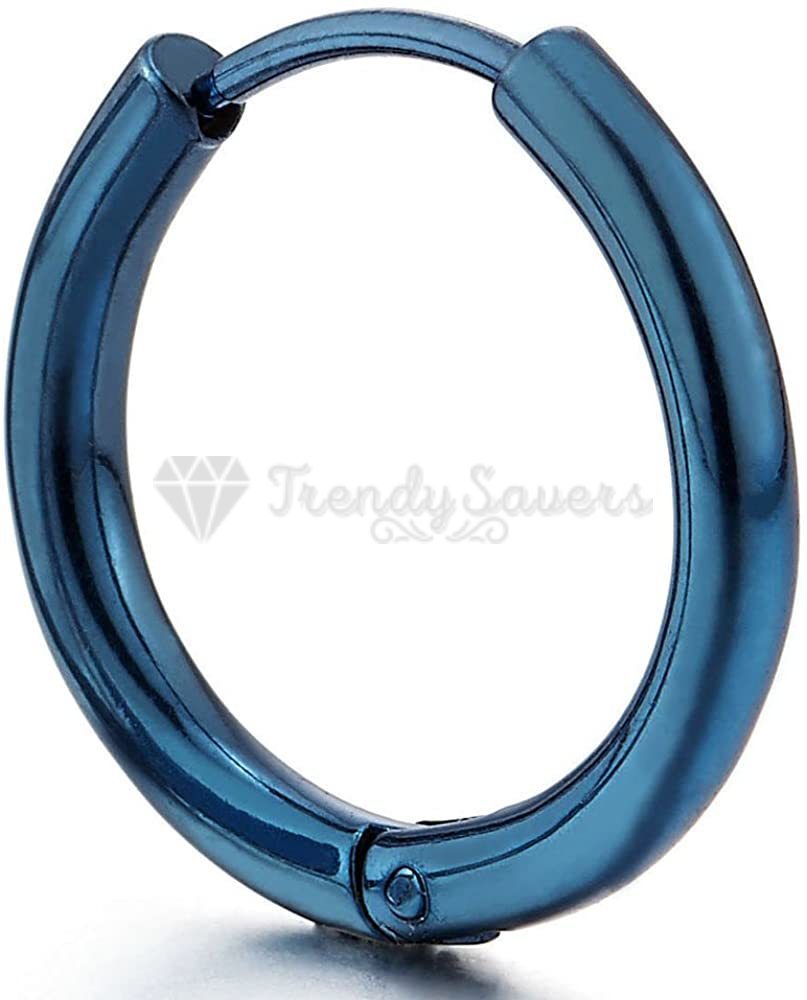 14MM Blue Tone Round Huggie Hinged Surgical Steel Earrings Hoop Ring Piercings