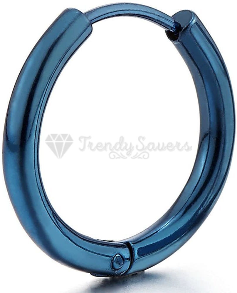14MM Blue Tone Round Huggie Hinged Surgical Steel Earrings Hoop Ring Piercings