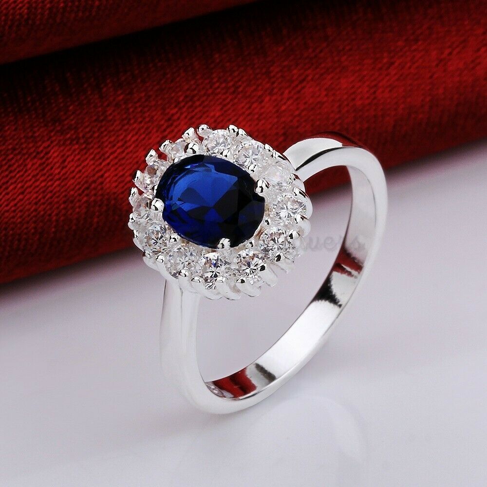 Size 8 (18mm) Q Blue Oval Simulated Diamond Promise Ring Engagement Wedding Band