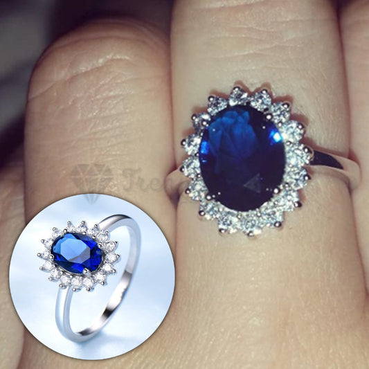 Size 8 (18mm) Q Blue Oval Simulated Diamond Promise Ring Engagement Wedding Band