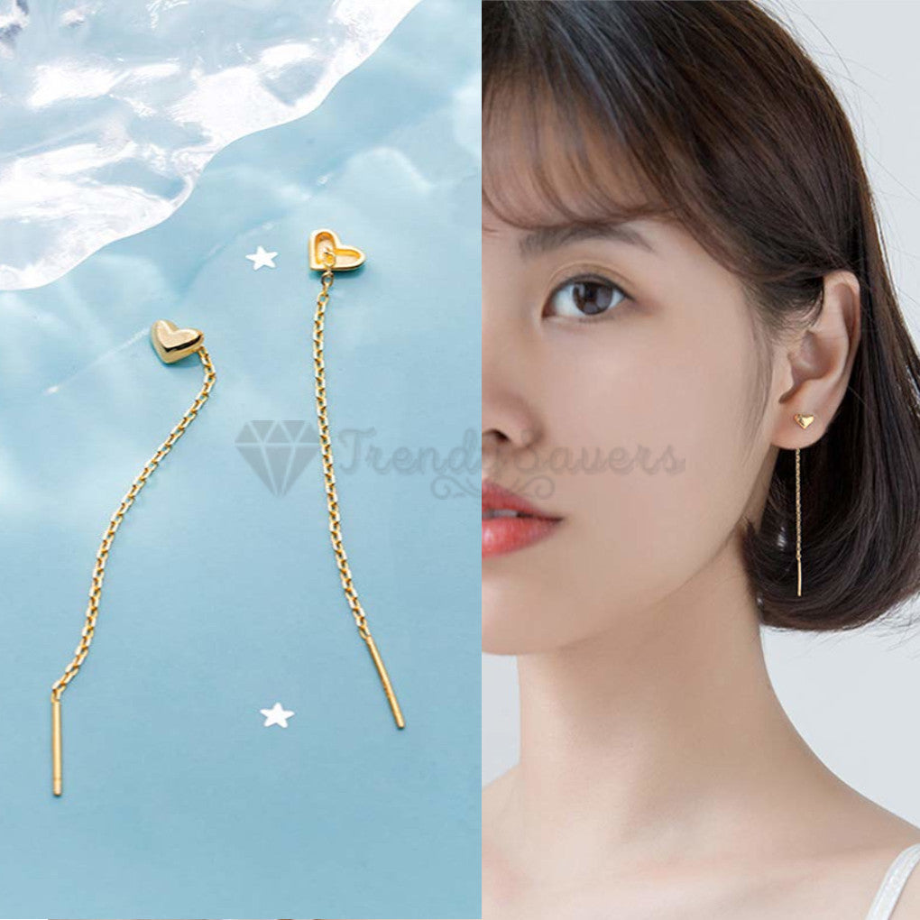 Classic Minimalist Gold Heart Drop Dangle Chain Tassel Threader Fashion Earrings