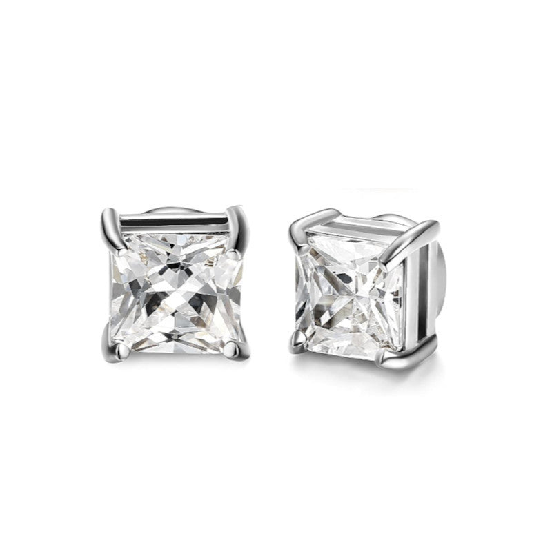 Classic 8MM Surgical Steel Magnetic Clip White Square CZ Crystals Stud Earrings
