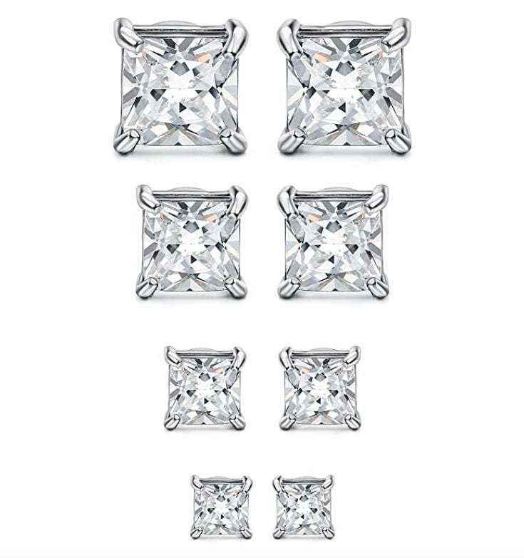 Classic 8MM Surgical Steel Magnetic Clip White Square CZ Crystals Stud Earrings
