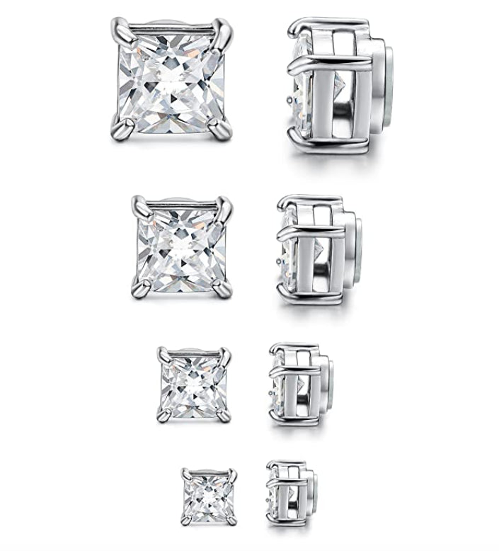 Classic 8MM Surgical Steel Magnetic Clip White Square CZ Crystals Stud Earrings