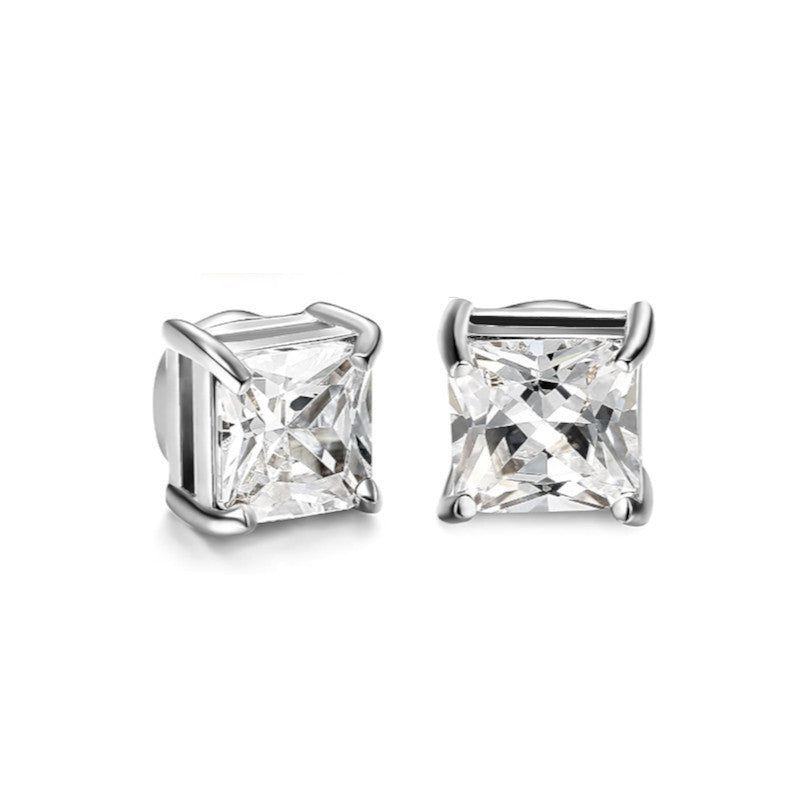 Classic 8MM Surgical Steel Magnetic Clip White Square CZ Crystals Stud Earrings