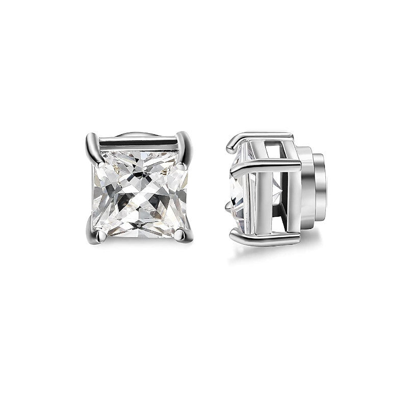 Classic 8MM Surgical Steel Magnetic Clip White Square CZ Crystals Stud Earrings