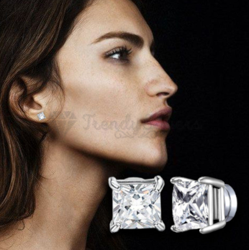 Classic 8MM Surgical Steel Magnetic Clip White Square CZ Crystals Stud Earrings