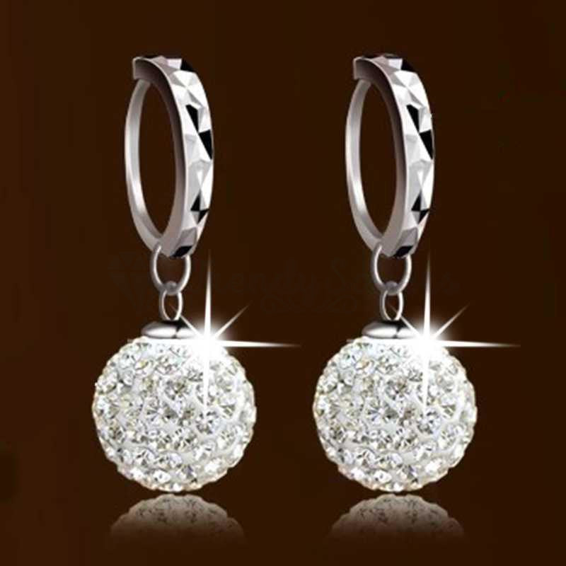 925 Sterling Silver Plated Full Rhinestone Round Fashion Princess Ball Earrings