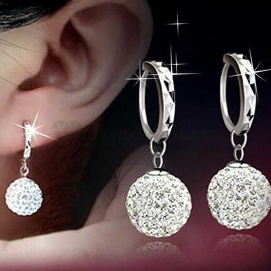 925 Sterling Silver Plated Full Rhinestone Round Fashion Princess Ball Earrings