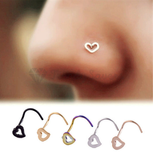 5Pcs Stainless Steel Heart Piercing Nose Ring Nose Stud Rings Body Jewelry With Gift BAG
