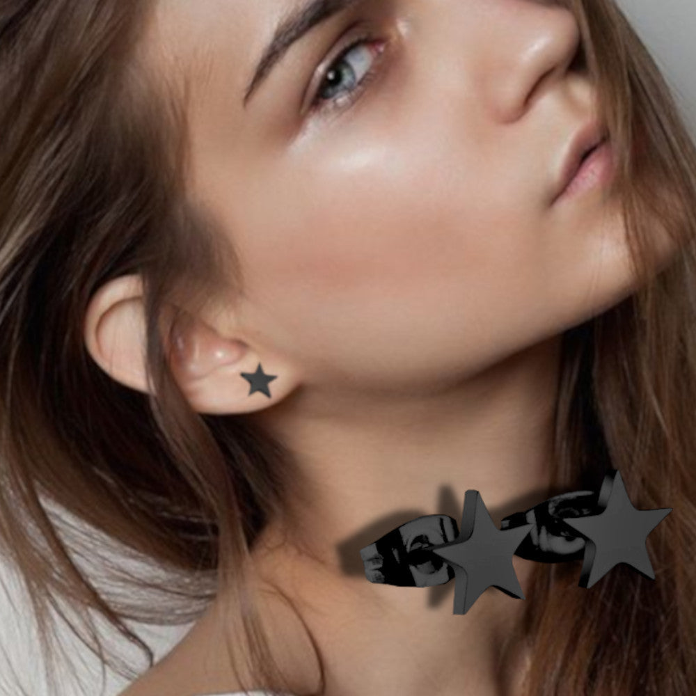 Hypoallergenic Stainless Steel Cute Charming Black Star Celestial Shape Stud Earrings