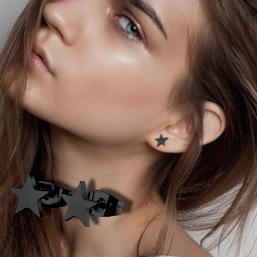 Hypoallergenic Stainless Steel Cute Charming Black Star Celestial Shape Stud Earrings