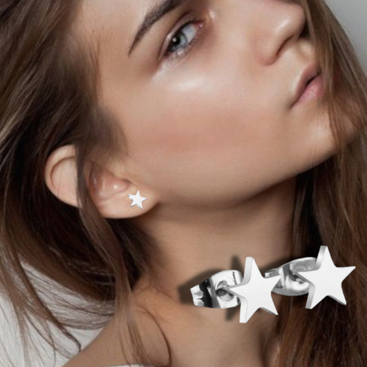 Hypoallergenic Stainless Steel Cute Charming Silver Star Celestial Shape Stud Earrings
