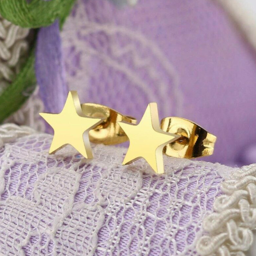 Hypoallergenic Stainless Steel Cute Charming Yellow Gold Star Celestial Shape Stud Earrings
