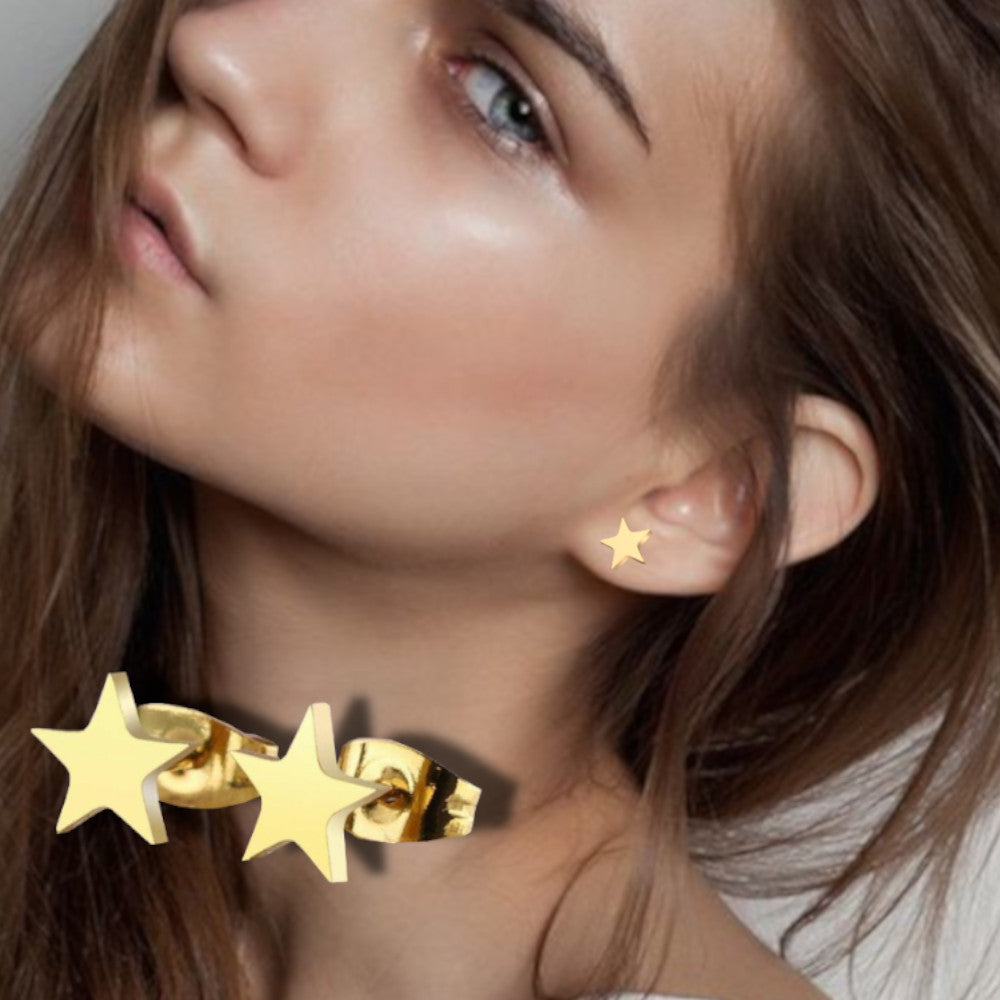 Hypoallergenic Stainless Steel Cute Charming Yellow Gold Star Celestial Shape Stud Earrings