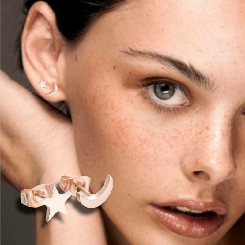 Hypoallergenic Stainless Steel Rose Gold Cute Charming Moon Star Shapes Stud Earrings