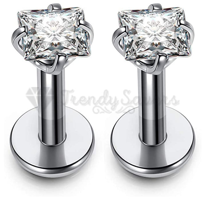 4MM Stainless Steel Square Diamond Lip Ring Labret Stud Cartilage Piercing Pair