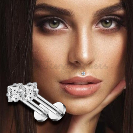 4MM Stainless Steel Square Diamond Lip Ring Labret Stud Cartilage Piercing Pair