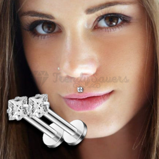 5MM Surgical Steel Square AAA Crystal Labret Stud Helix Cartilage Piercing Pair