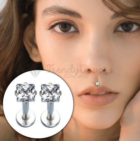 3MM Pair Square Cut Zircon Labret Monroe Helix Cartilage Threaded Stud Piercing
