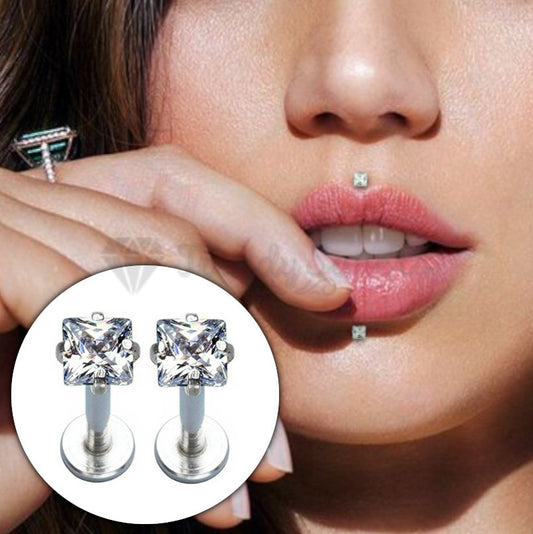 4MM Pair Surgical Steel Square Zircon Labret Stud Bar Lip Ear Nose Stud Piercing