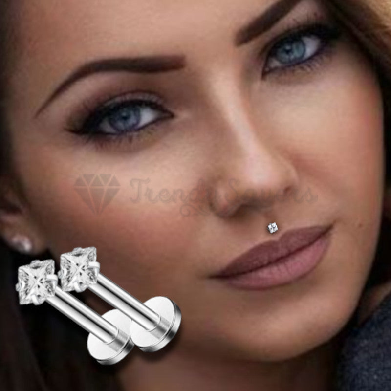 2MM Silver Square Cubic Zircon Lip Ear Labret Stud Helix Cartilage Piercing Pair