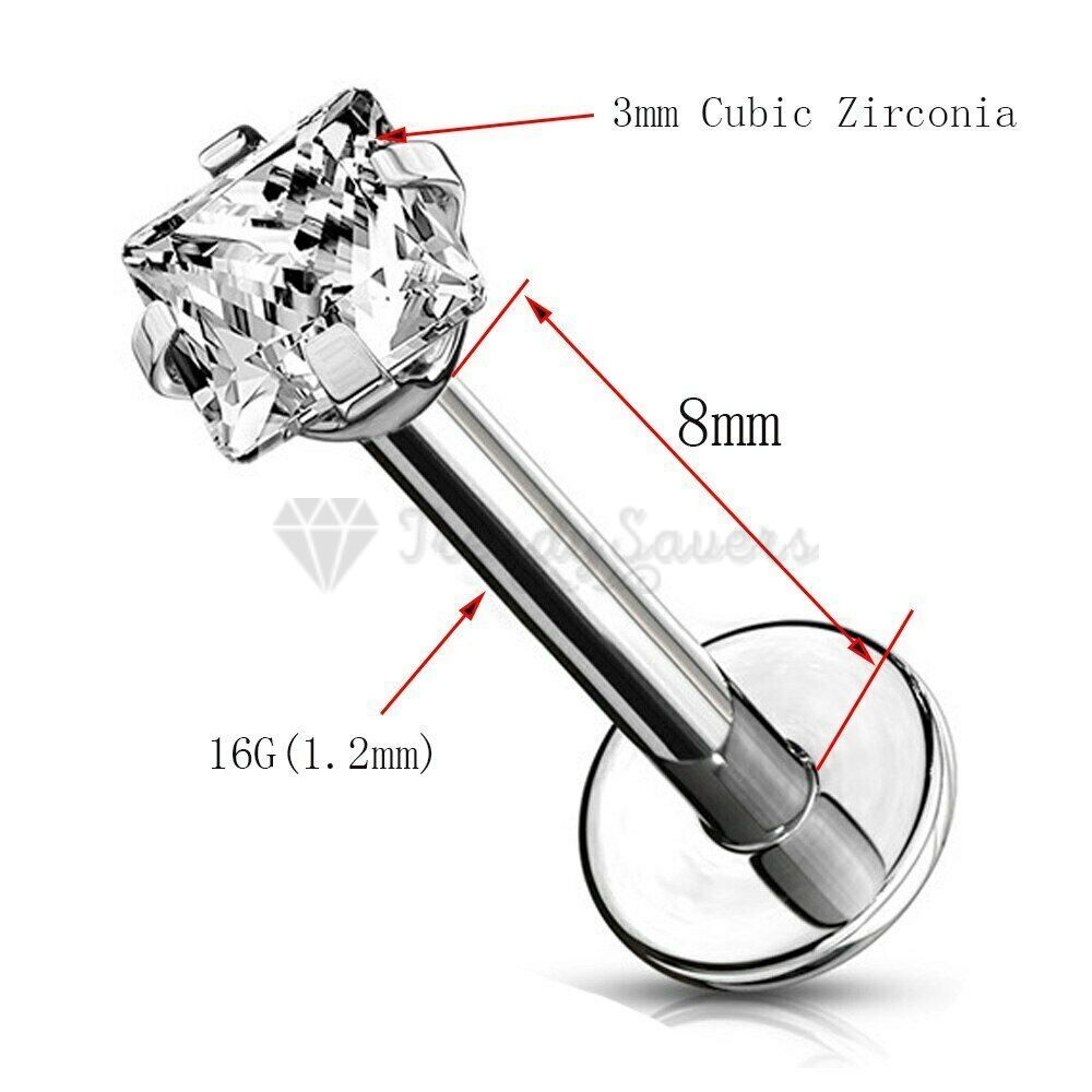 2MM Pair Small Square Zircon Lip Ear Nose Ring Labret Stud Helix Tragus Piercing