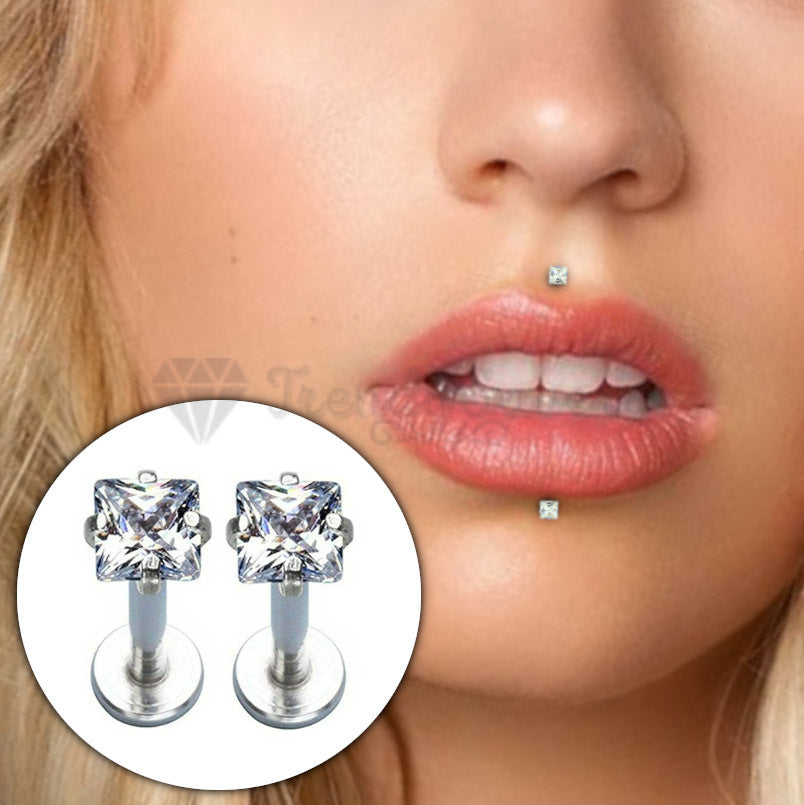 2MM Pair Small Square Zircon Lip Ear Nose Ring Labret Stud Helix Tragus Piercing