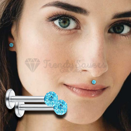 3MM Sky Blue Crystal Ball Stud Lip Nose Ear Labret Bar Helix Cartilage Ring Pair