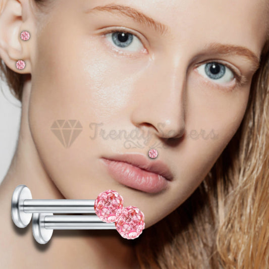 3MM Pretty Pink AAA Crystal Ball Labret Monroe Stud Helix Cartilage Rings Pair