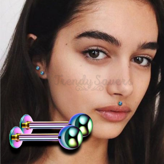 4MM Surgical Steel Rainbow Ear Cartilage Piercing Labret Monroe Ball Stud Pair