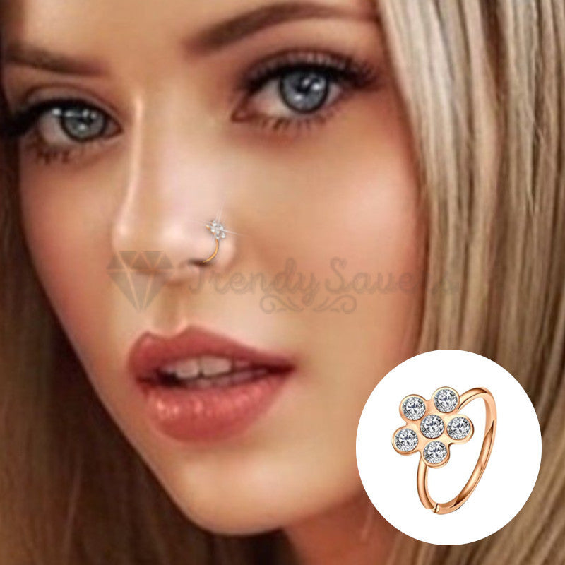 925 Sterling Silver 6MM Rose Gold Flower CZ Crystal Ear Hoop Nose Stud Piercing